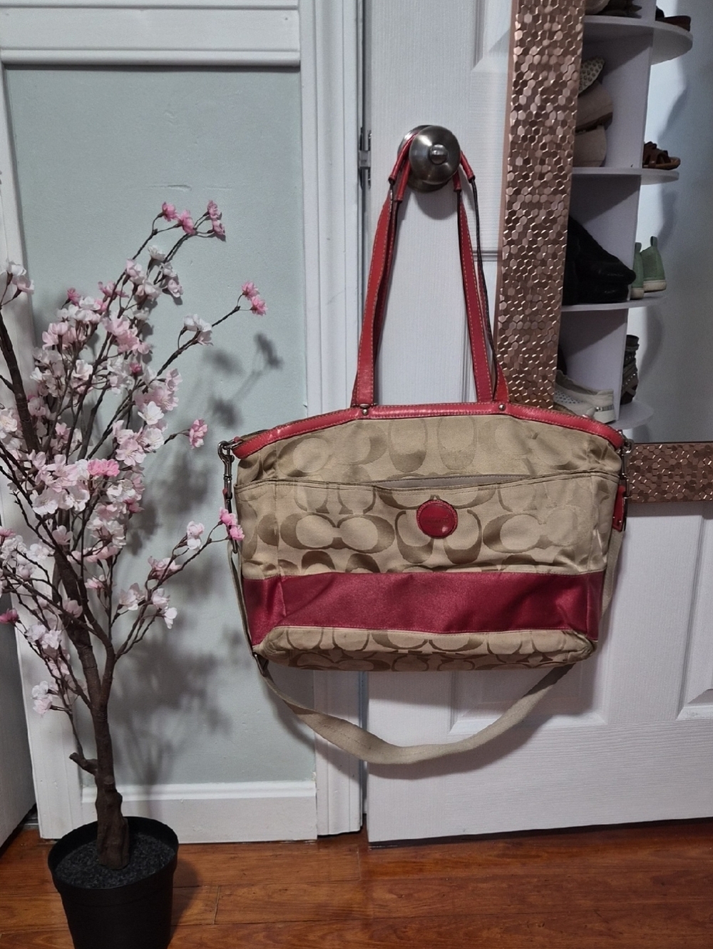 Vintage Classic Coach Beige Signature Canvas Tote with Orange Accents